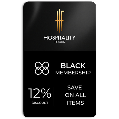 Black membership card with Hospitality Foods logo and discount information on a white background