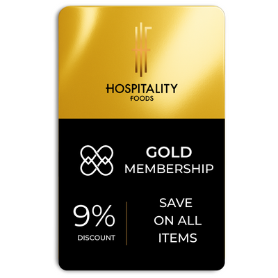 Gold and black membership card for Hospitality Foods with a discount offer.