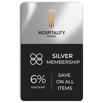 Membership card for Hospitality Foods with silver membership benefits on a white background