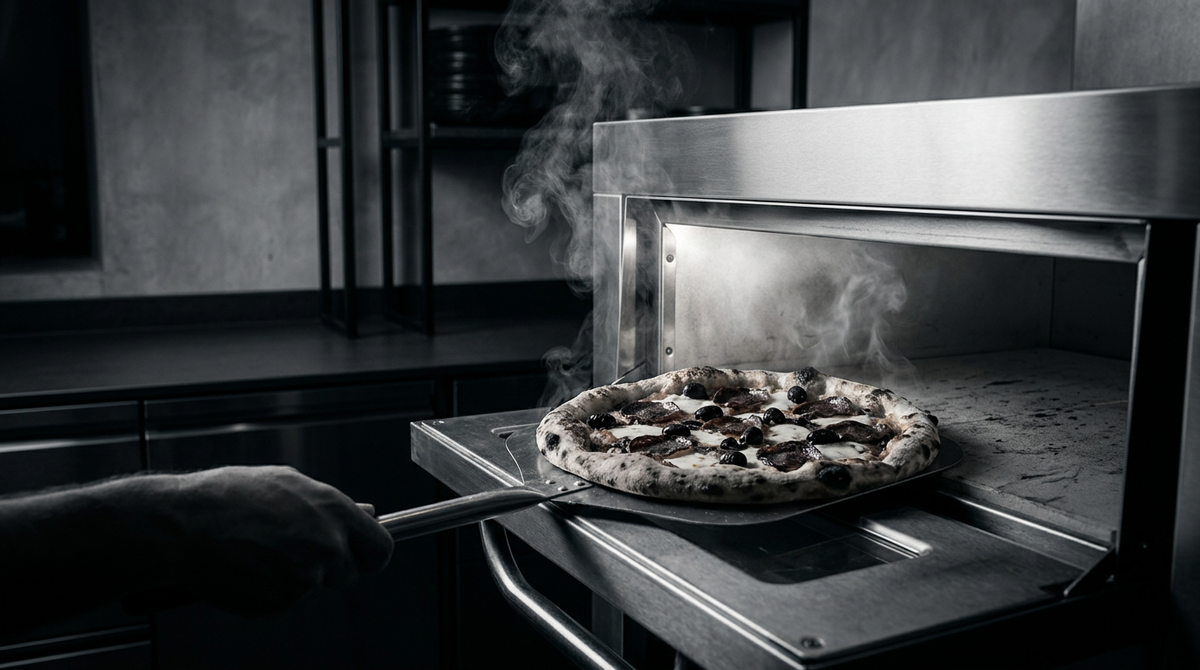 Pizza cooking inside a commercial oven