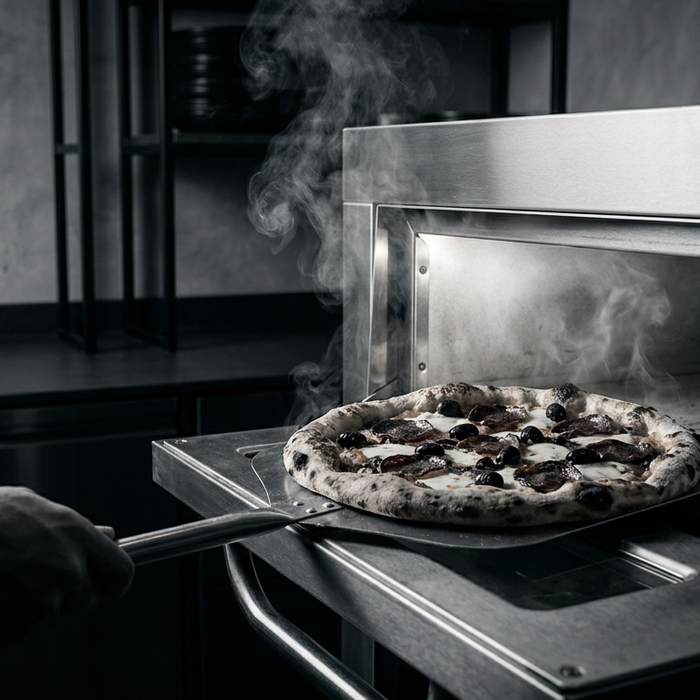 Pizza cooking inside a commercial oven