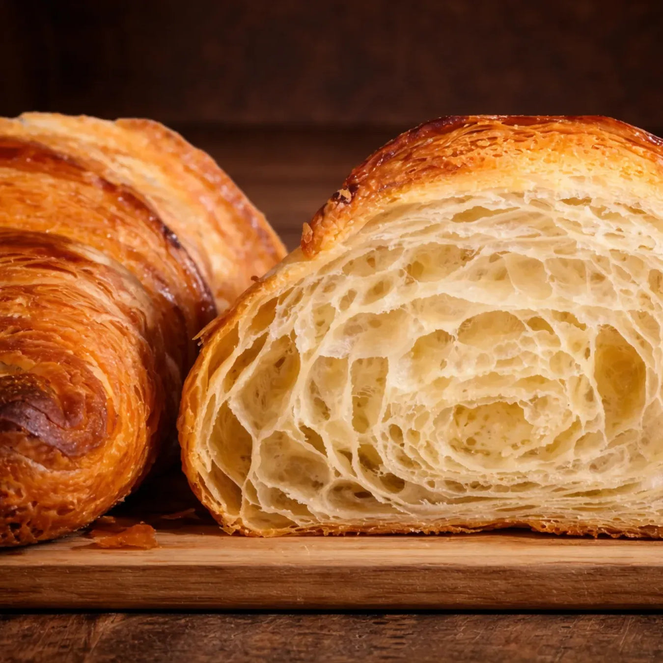 Butter croissant cut open to show its airy laminated interior