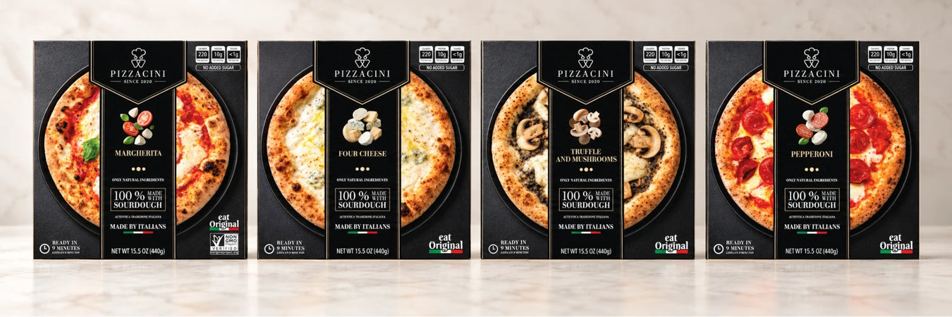 Pizzacini Margherita, Four Cheese, Truffle & Mushrooms and Pepperoni retail pizza boxes displayed side by side