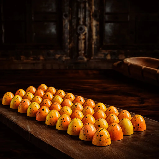 A row of small, glossy, speckled orange and yellow Mango Chocolate Bon Bon arranged on a dark wooden board in a dimly lit rustic setting.