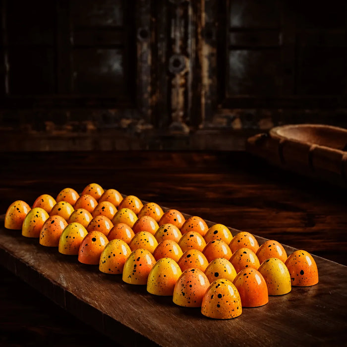 A row of small, glossy, speckled orange and yellow Mango Chocolate Bon Bon arranged on a dark wooden board in a dimly lit rustic setting.