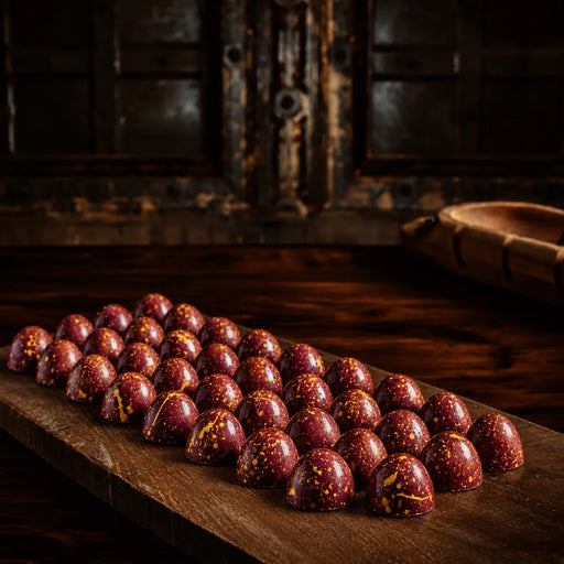 A row of glossy Raspberry chocolate truffles bon bons with a deep burgundy-red coating and yellow-orange speckles, arranged on a dark wooden board in a rustic setting.