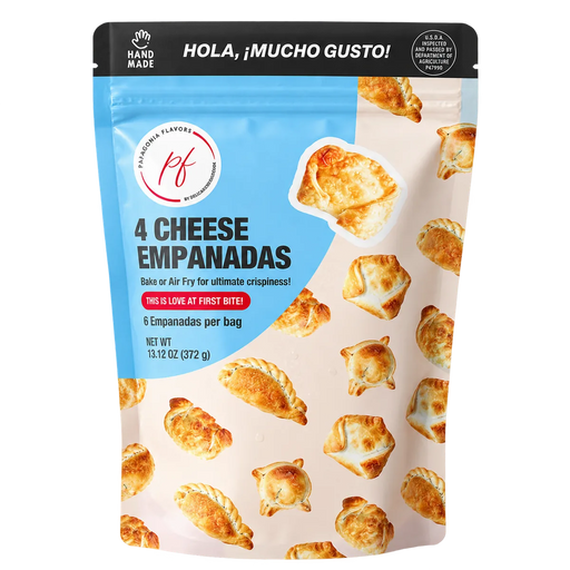 PF Empanadas 4 Cheese retail bag containing 6 frozen empanadas