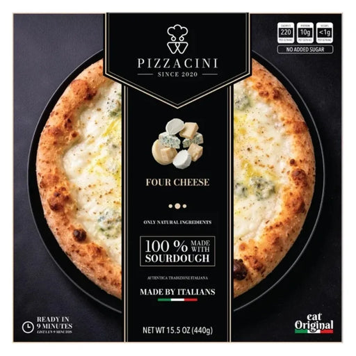 Pizzacini Four Cheese frozen sourdough pizza retail box, front packaging