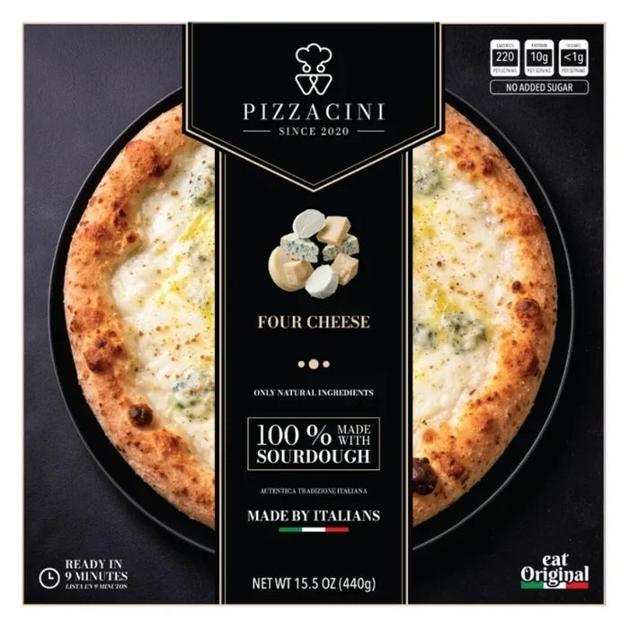 Pizzacini Four Cheese frozen sourdough pizza retail box, front packaging