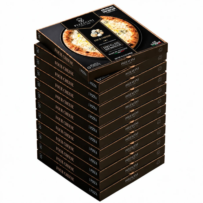 Stack of Pizzacini Four Cheese frozen pizza retail boxes with the top box shown at an angle