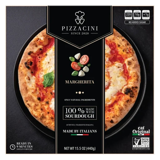 Pizzacini Margherita frozen sourdough pizza retail box, front packaging