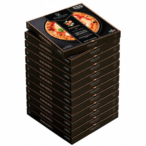 Stack of Pizzacini Margherita frozen pizza retail boxes with the top box shown at an angle
