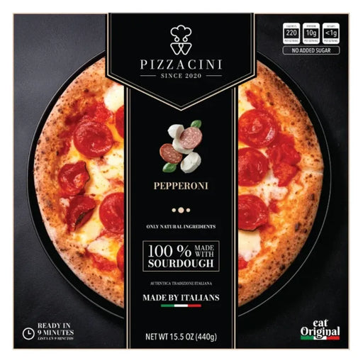 Pizzacini Pepperoni frozen sourdough pizza retail box, front packaging