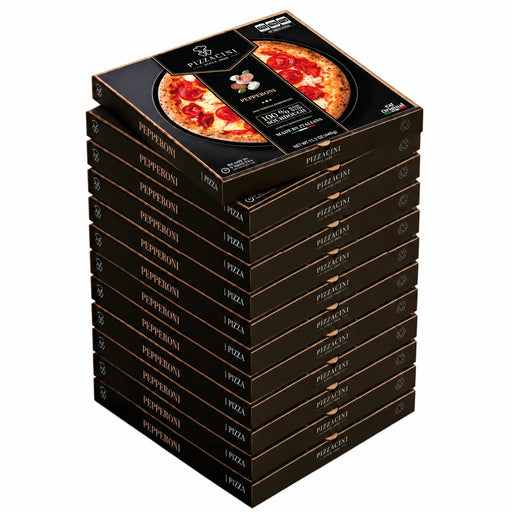 Stack of Pizzacini Pepperoni frozen pizza retail boxes with the top box shown at an angle