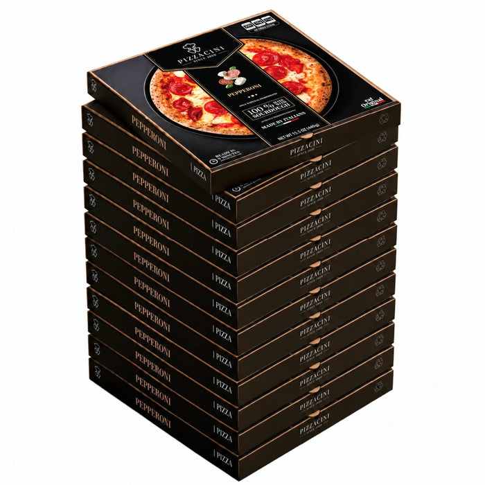 Stack of Pizzacini Pepperoni frozen pizza retail boxes with the top box shown at an angle