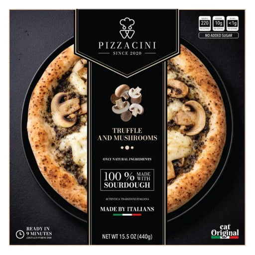 Pizzacini Truffle & Mushrooms frozen sourdough pizza retail box, front packaging