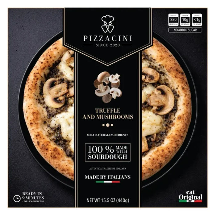 Pizzacini Truffle & Mushrooms frozen sourdough pizza retail box, front packaging
