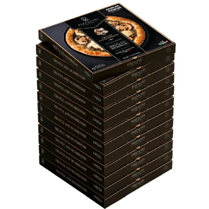 Stack of Pizzacini Truffle & Mushrooms frozen pizza retail boxes with the top box shown at an angle